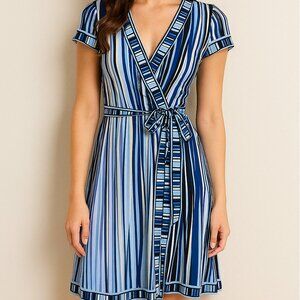 BCBGMaxAzria Blue Stripe Sash Tie Wrap Dress Midi Light Blue